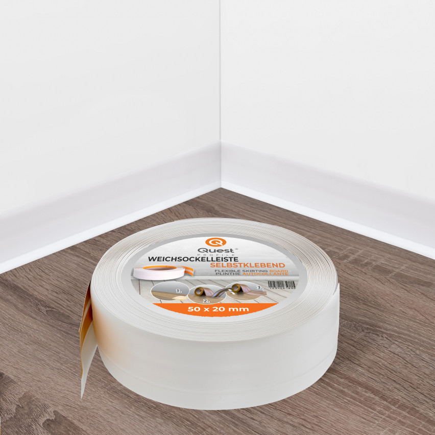Battiscopa morbido autoadesivo 50x20 mm, rivestimento flessibile per cucina e bagno, zoccolo in PVC, nastro sigillante, bianco
